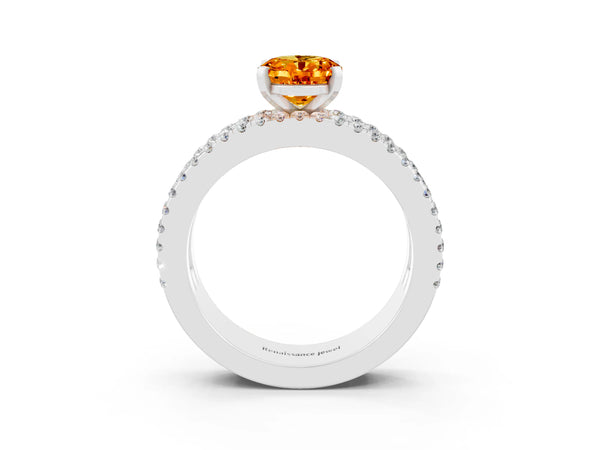 Silver Oval Cut Citrine Solitaire Ring with Pavé and Channel Set Band