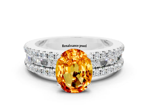 White gold Oval Cut Citrine Solitaire Ring with Pavé and Channel Set Band