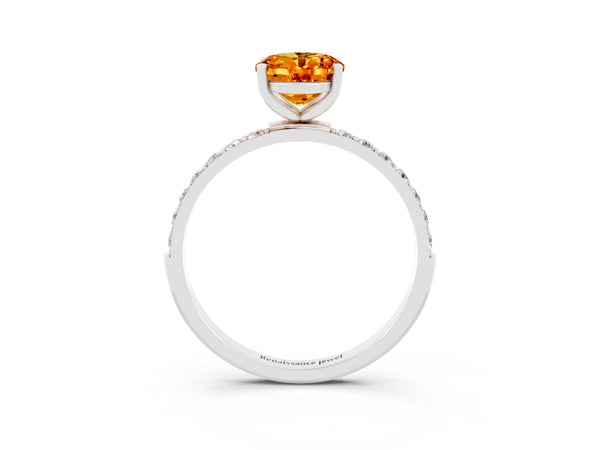Platinum Oval Cut Citrine Solitaire Ring with Round  Pavé Band and Prong Setting