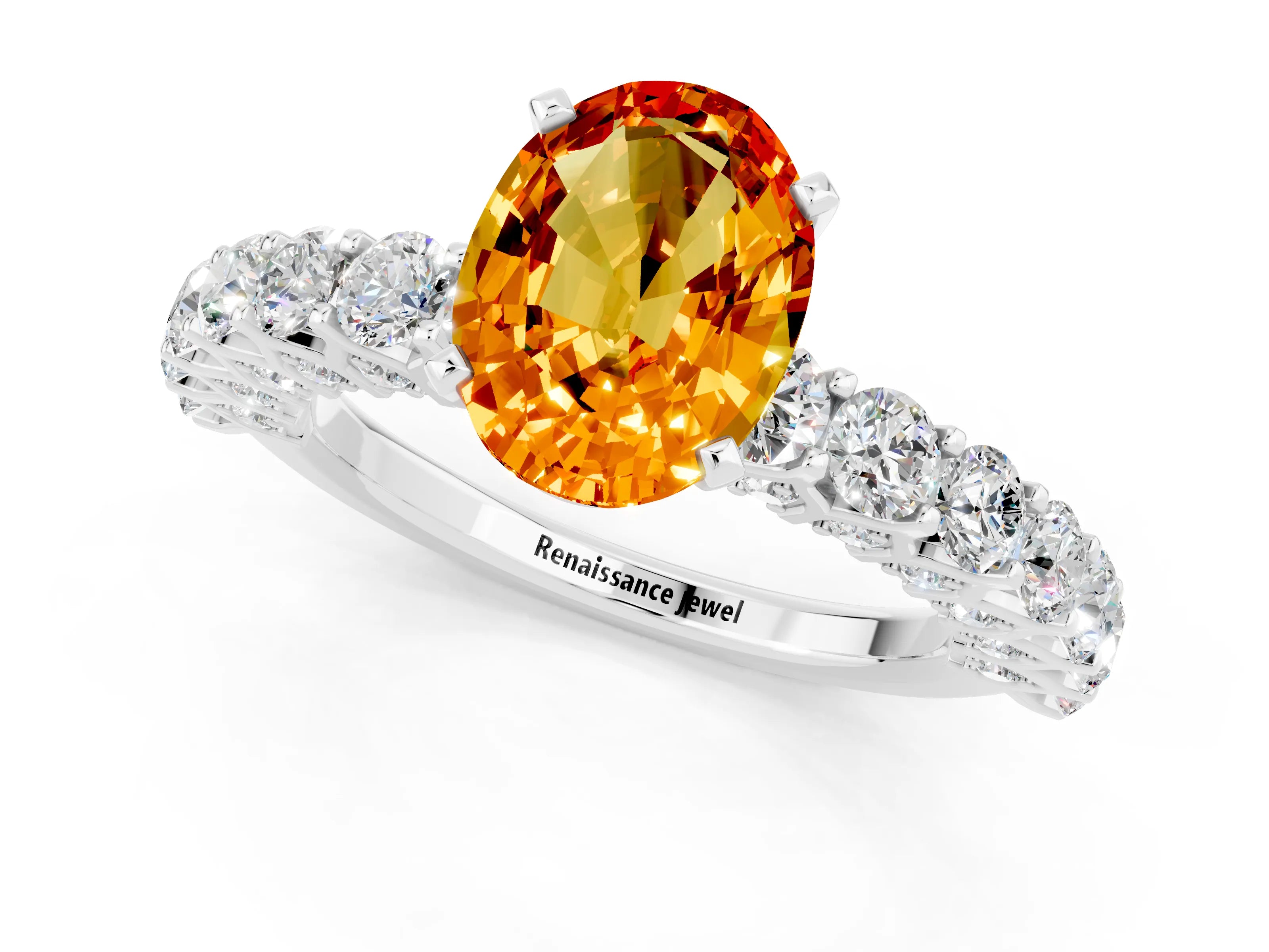 White gold Oval Cut Citrine Solitaire Ring with Shared Prong Pavé Band and Four-Prong Setting_1