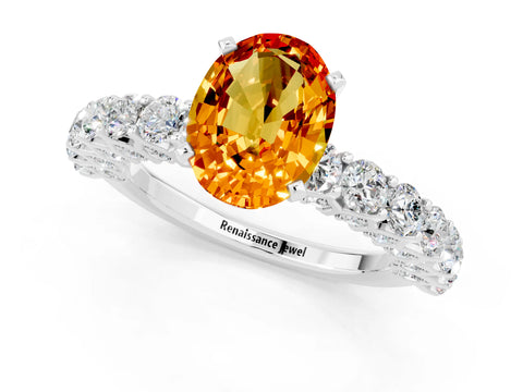 White gold Oval Cut Citrine Solitaire Ring with Shared Prong Pavé Band and Four-Prong Setting_1