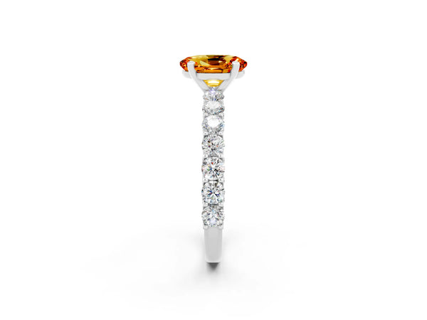 Platinum Oval Cut Citrine Solitaire Ring with Shared Prong Pavé Band and Four-Prong Setting