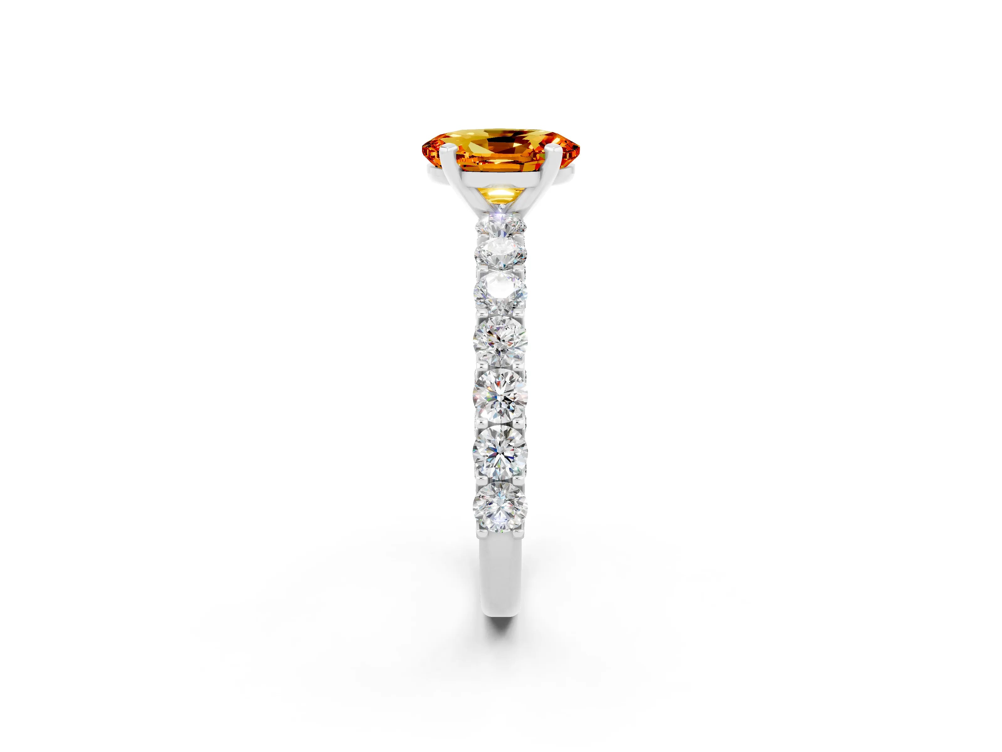 White gold Oval Cut Citrine Solitaire Ring with Shared Prong Pavé Band and Four-Prong Setting_2