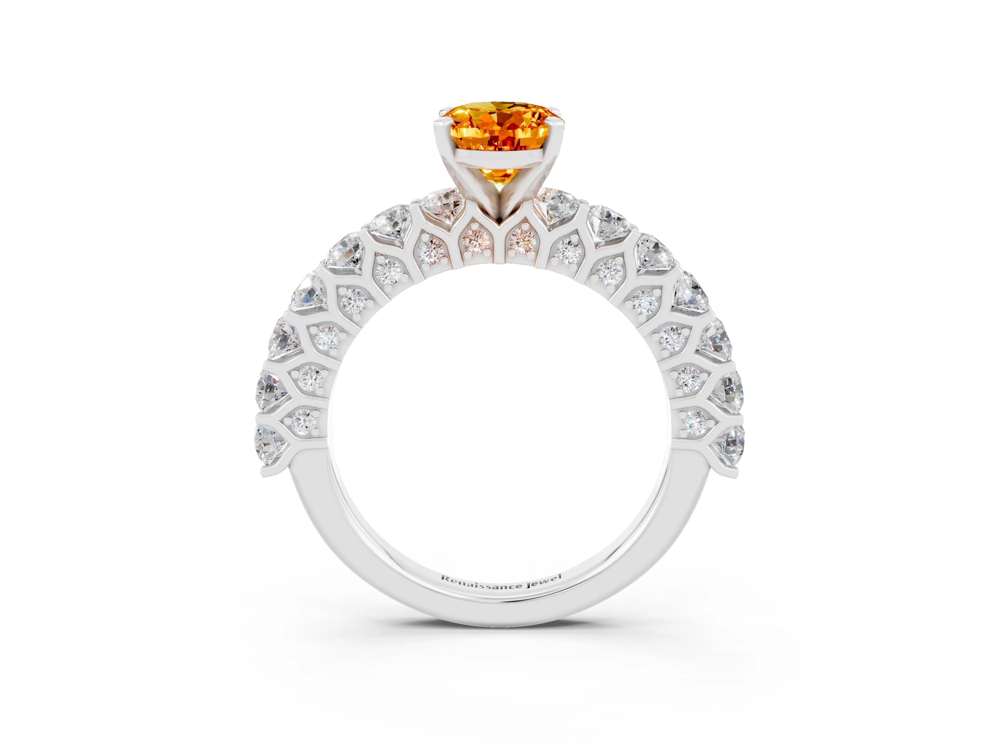 White gold Oval Cut Citrine Solitaire Ring with Shared Prong Pavé Band and Four-Prong Setting_3