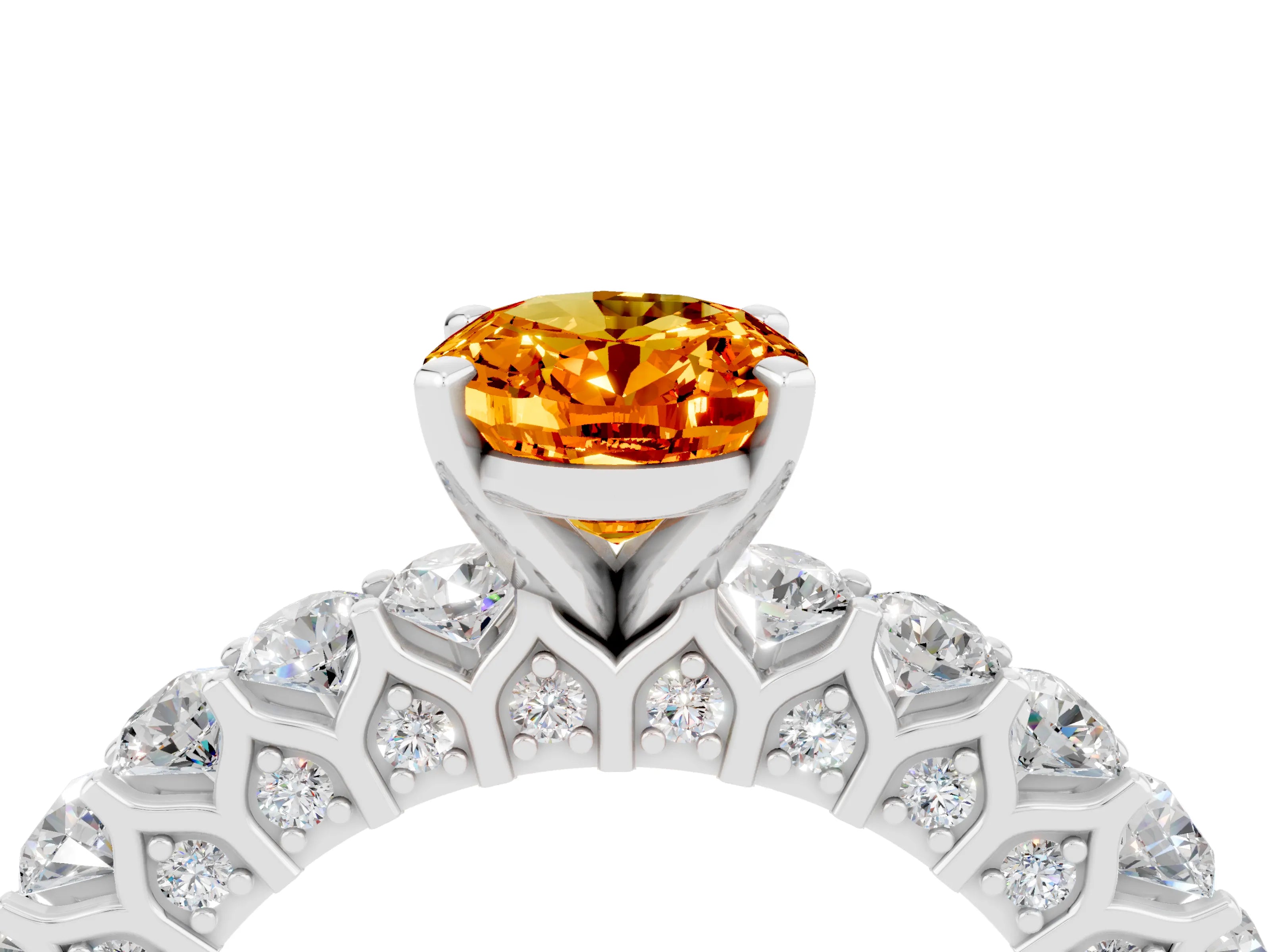 White gold Oval Cut Citrine Solitaire Ring with Shared Prong Pavé Band and Four-Prong Setting_4