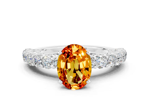White gold Oval Cut Citrine Solitaire Ring with Shared Prong Pavé Band and Four-Prong Setting