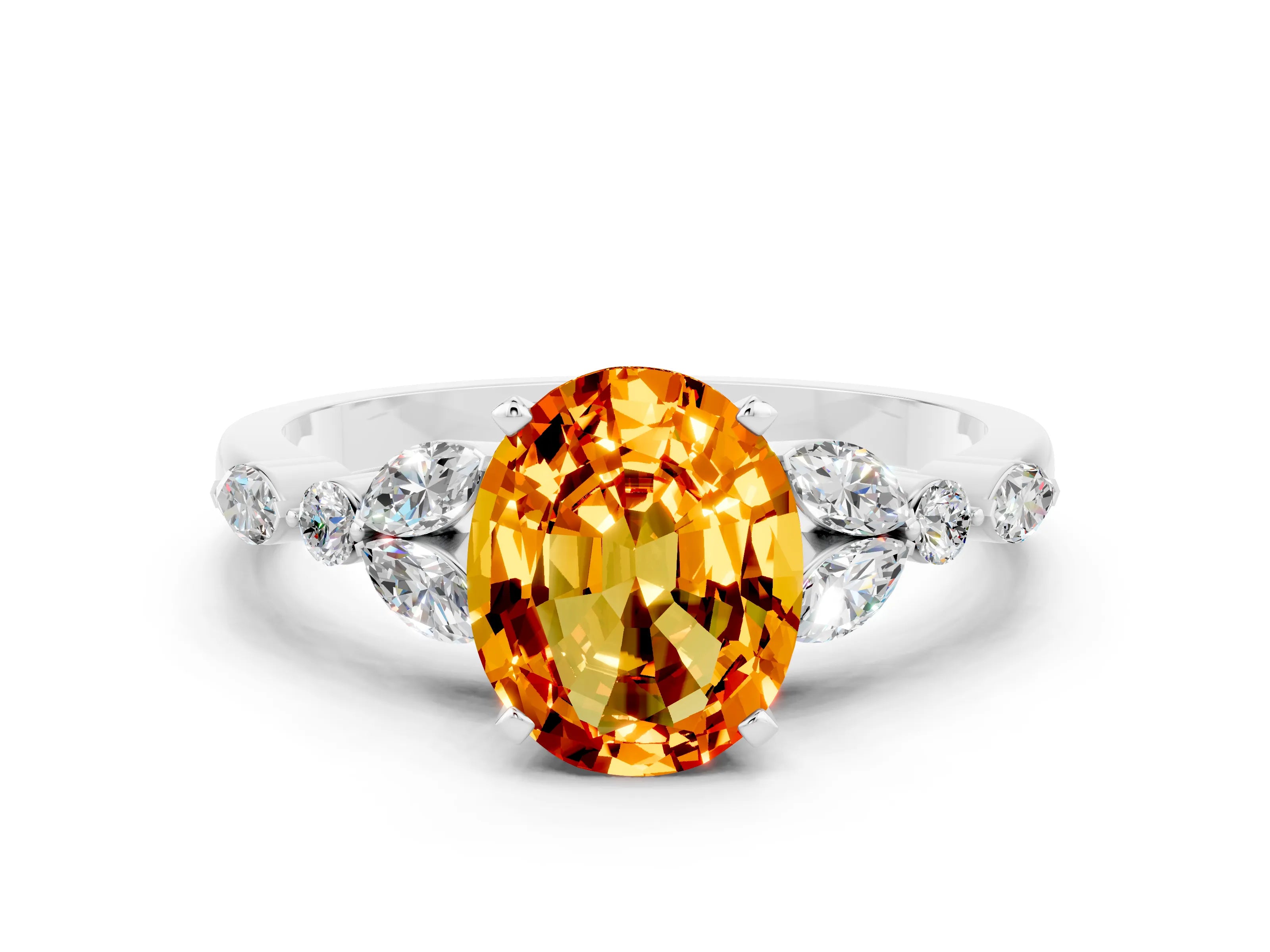 White gold Oval Cut Citrine Solitaire Ring with Side Stones and Four-Prong Setting_30