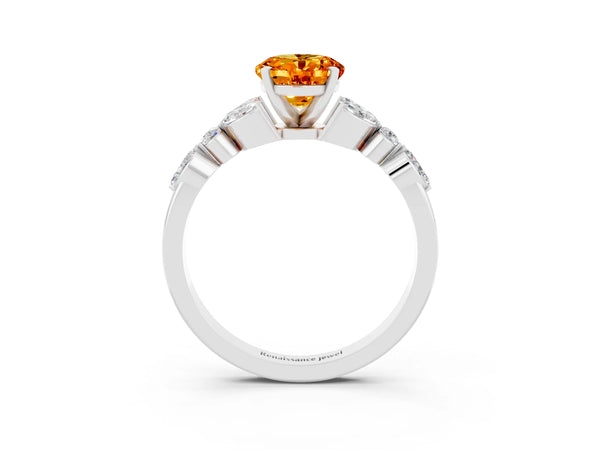 Silver Oval Cut Citrine Solitaire Ring with Side Stones and Four-Prong Setting
