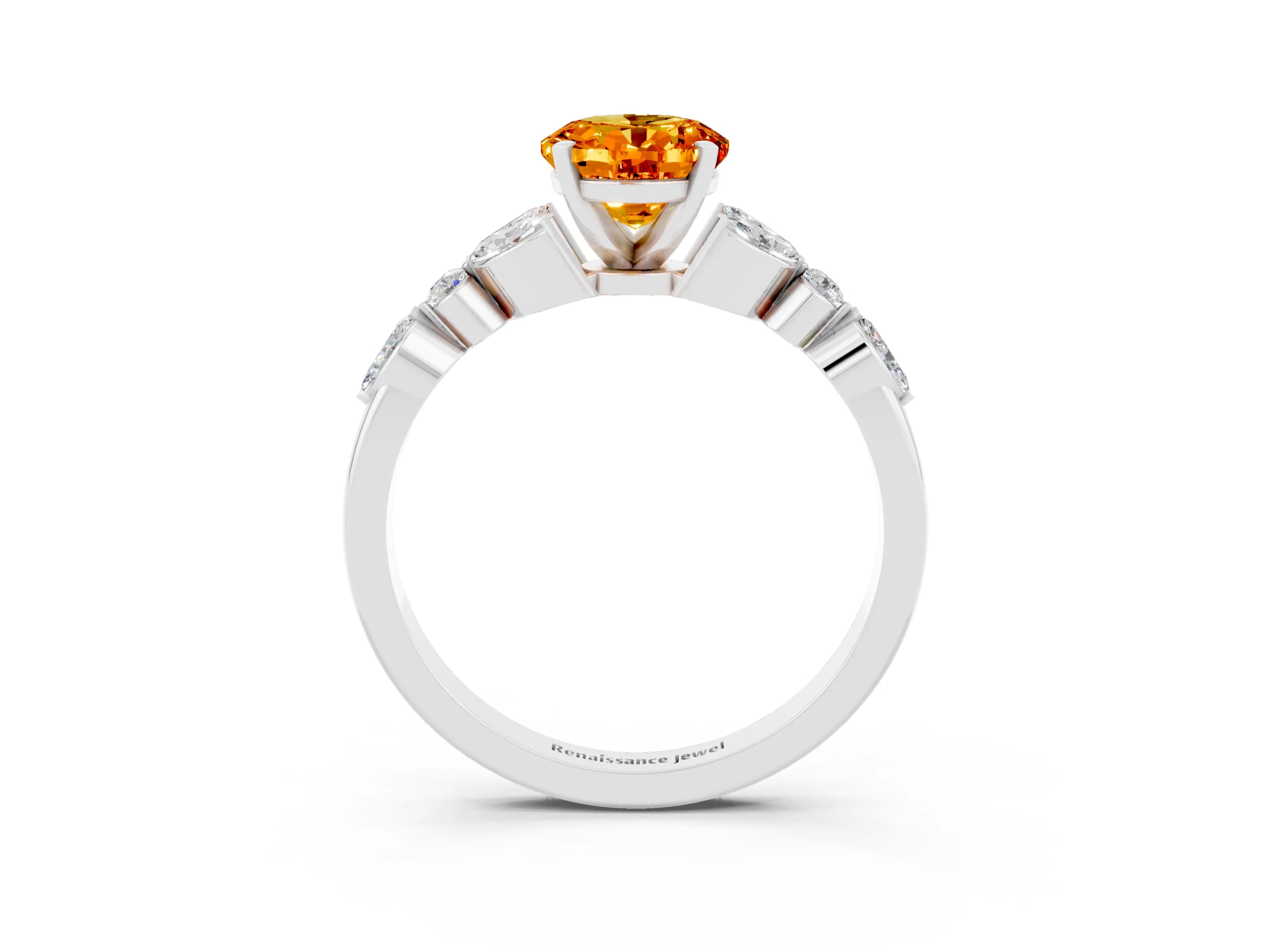 White gold Oval Cut Citrine Solitaire Ring with Side Stones and Four-Prong Setting_45
