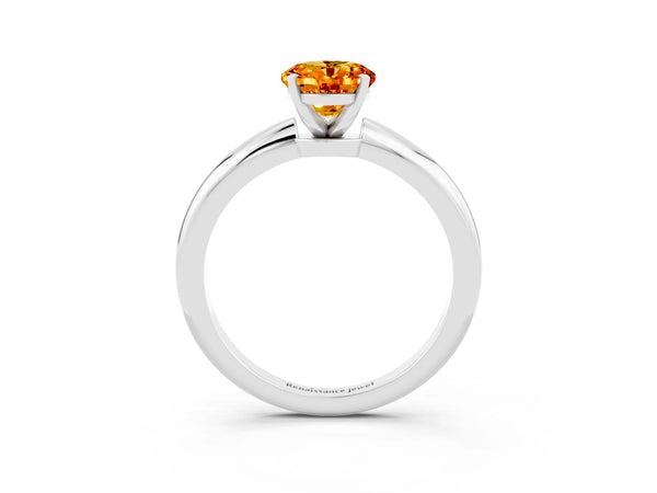 Platinum Oval Cut Citrine Solitaire Ring with Six-Prong Setting and Classic Band