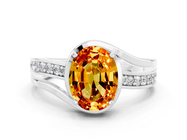 Platinum Oval Cut Citrine Solitaire Ring with Split Shank and Prong Setting
