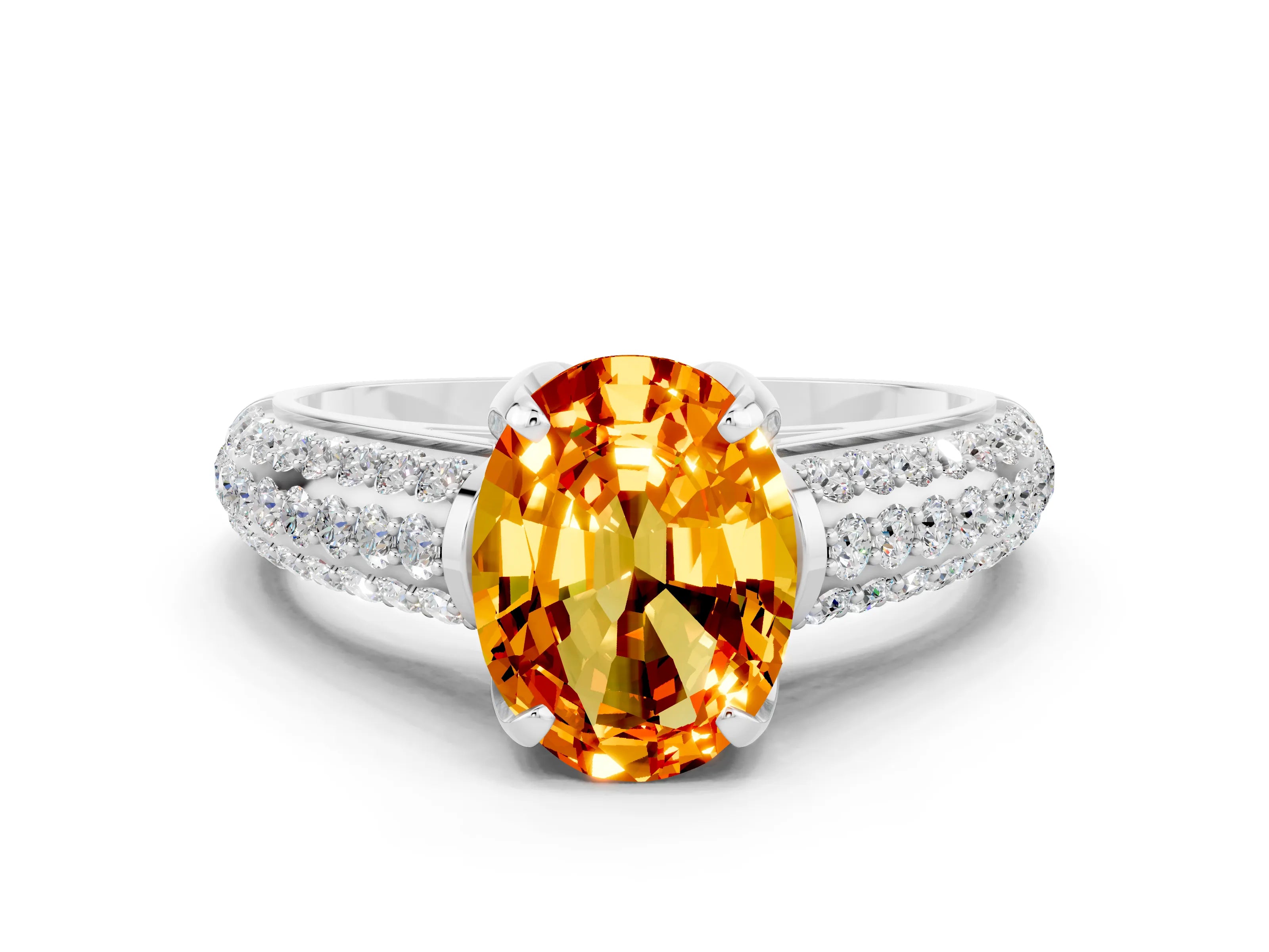 White gold Oval Cut Citrine Solitaire Ring with Three-Row Pavé Band and Four-Prong Setting_12
