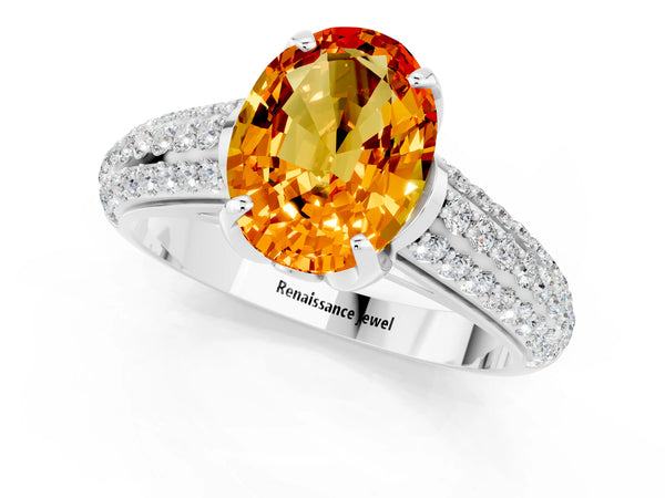Silver Oval Cut Citrine Solitaire Ring with Three-Row Pavé Band and Four-Prong Setting
