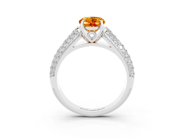 Platinum Oval Cut Citrine Solitaire Ring with Three-Row Pavé Band and Four-Prong Setting