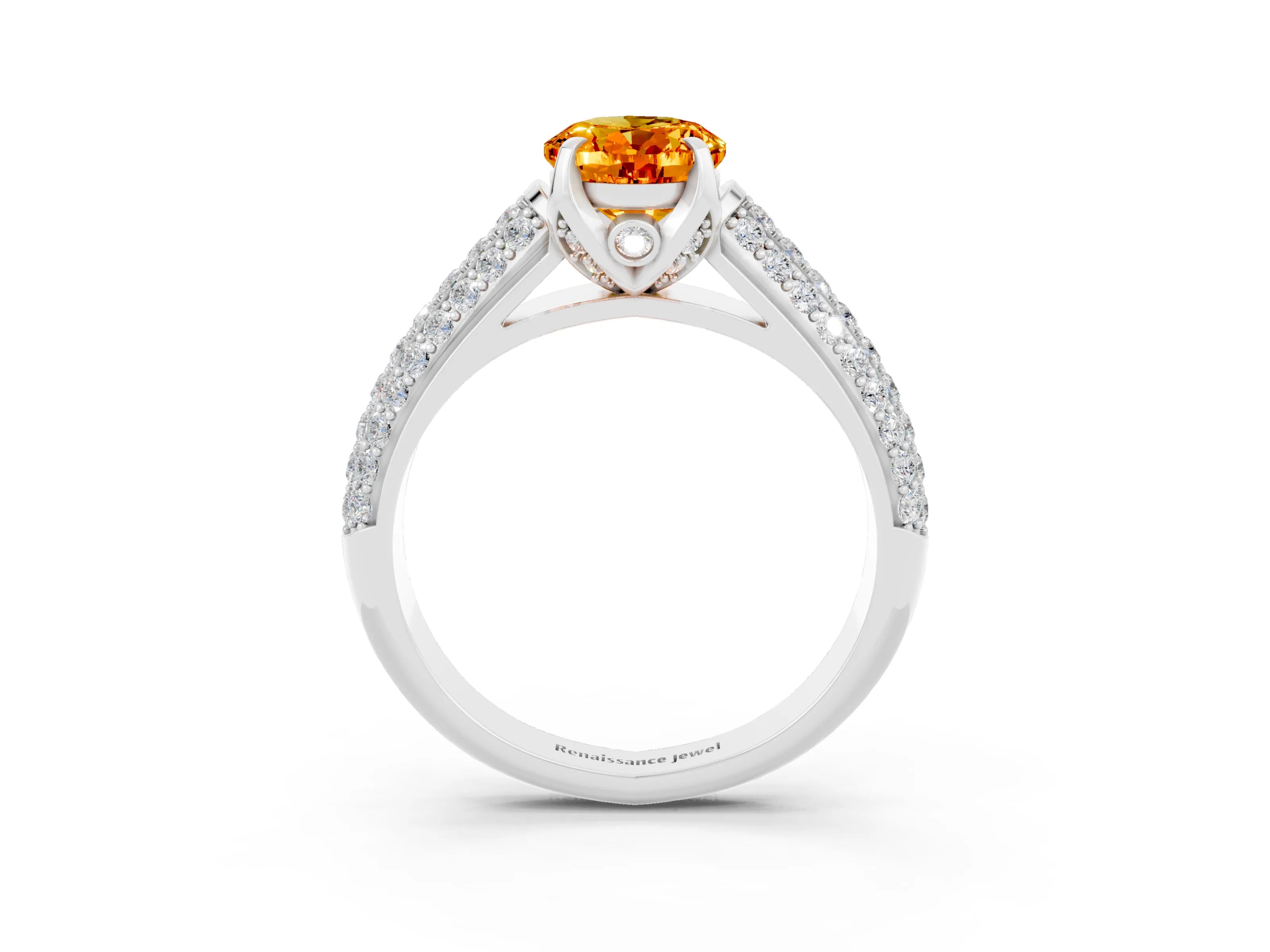 White gold Oval Cut Citrine Solitaire Ring with Three-Row Pavé Band and Four-Prong Setting_15