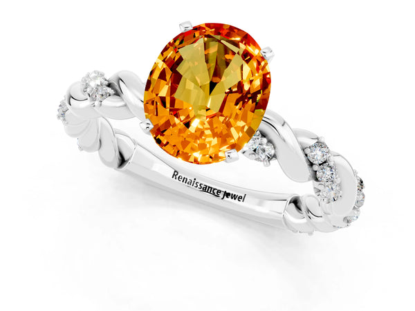 Silver Oval Cut Citrine Solitaire Ring with Twisted Band and Pavé Accents
