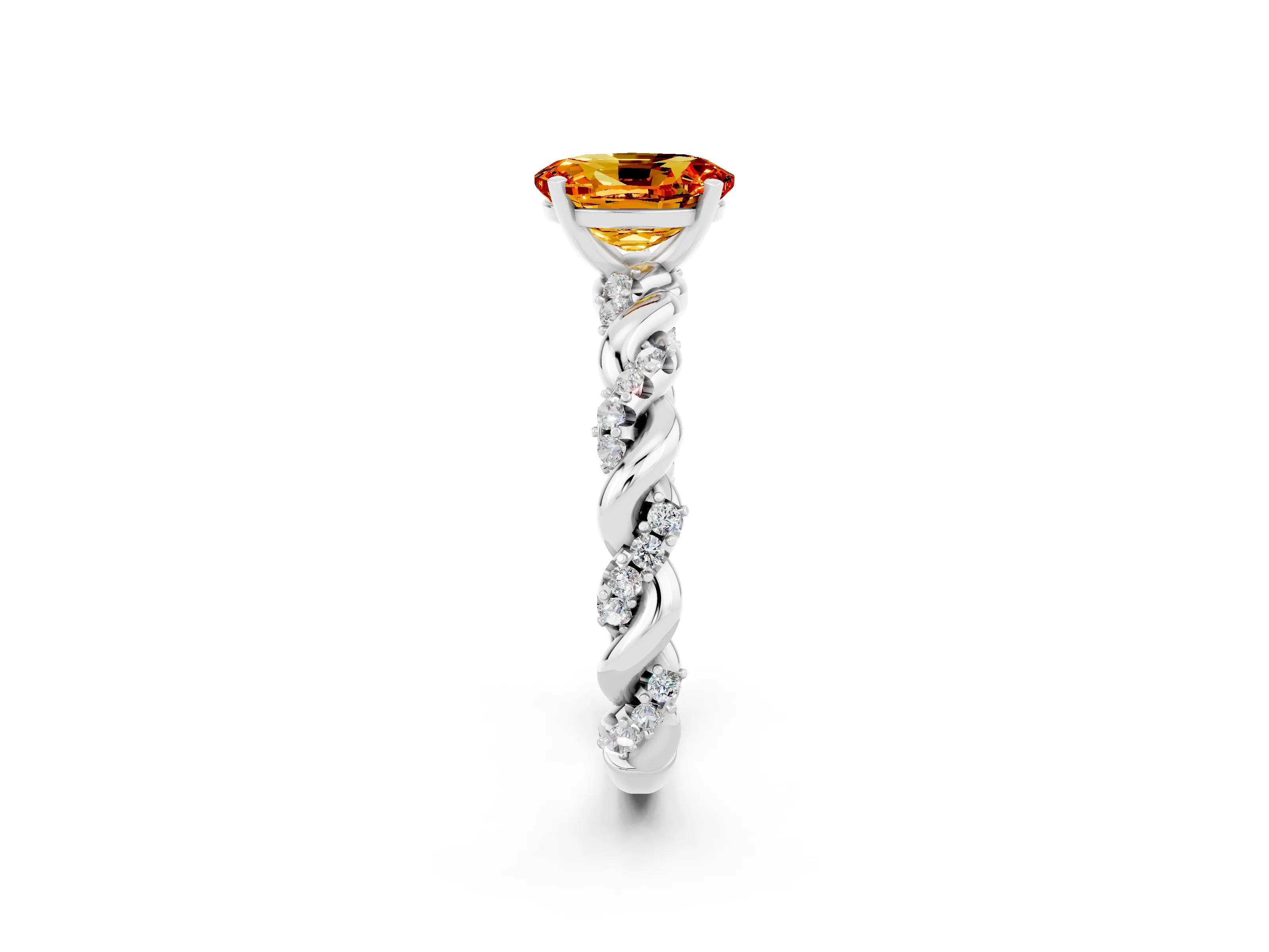 White gold Oval Cut Citrine Solitaire Ring with Twisted Band and Pavé Accents_2