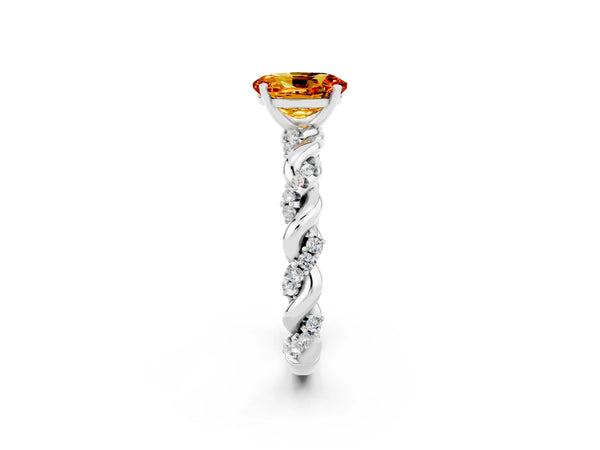 White gold Oval Cut Citrine Solitaire Ring with Twisted Band and Pavé Accents