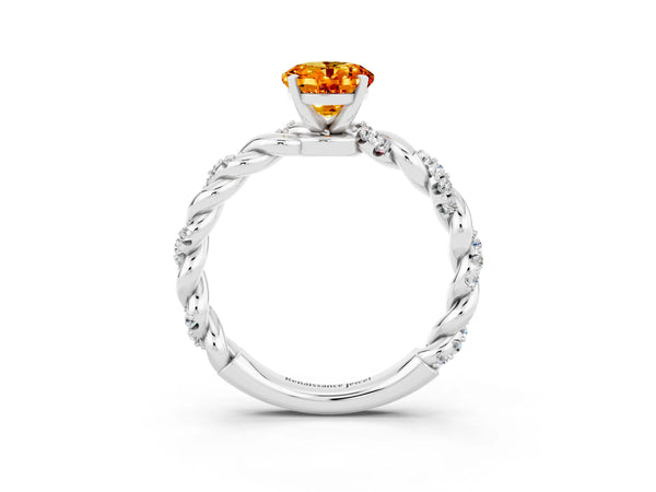 Platinum Oval Cut Citrine Solitaire Ring with Twisted Band and Pavé Accents