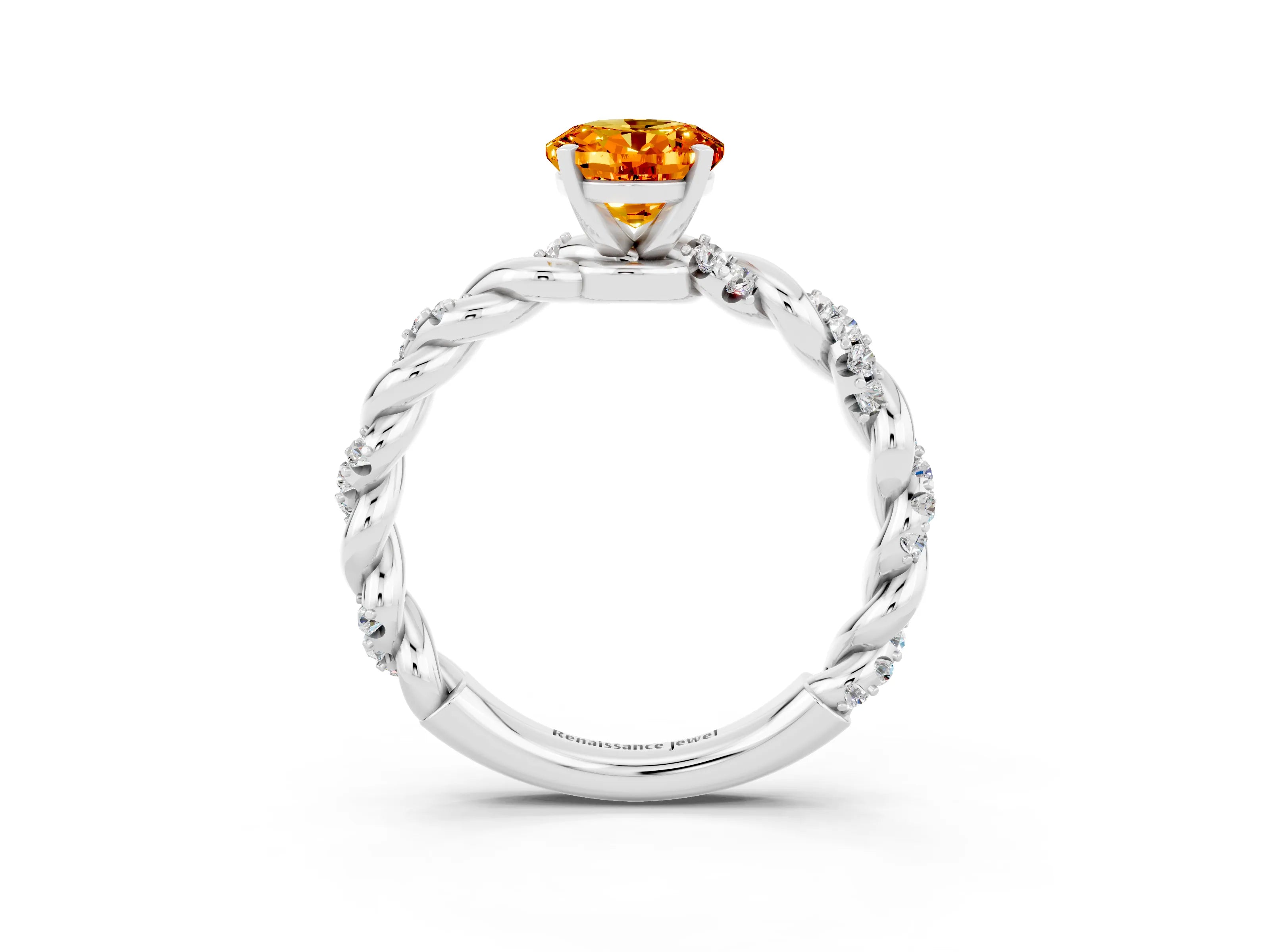 White gold Oval Cut Citrine Solitaire Ring with Twisted Band and Pavé Accents_3