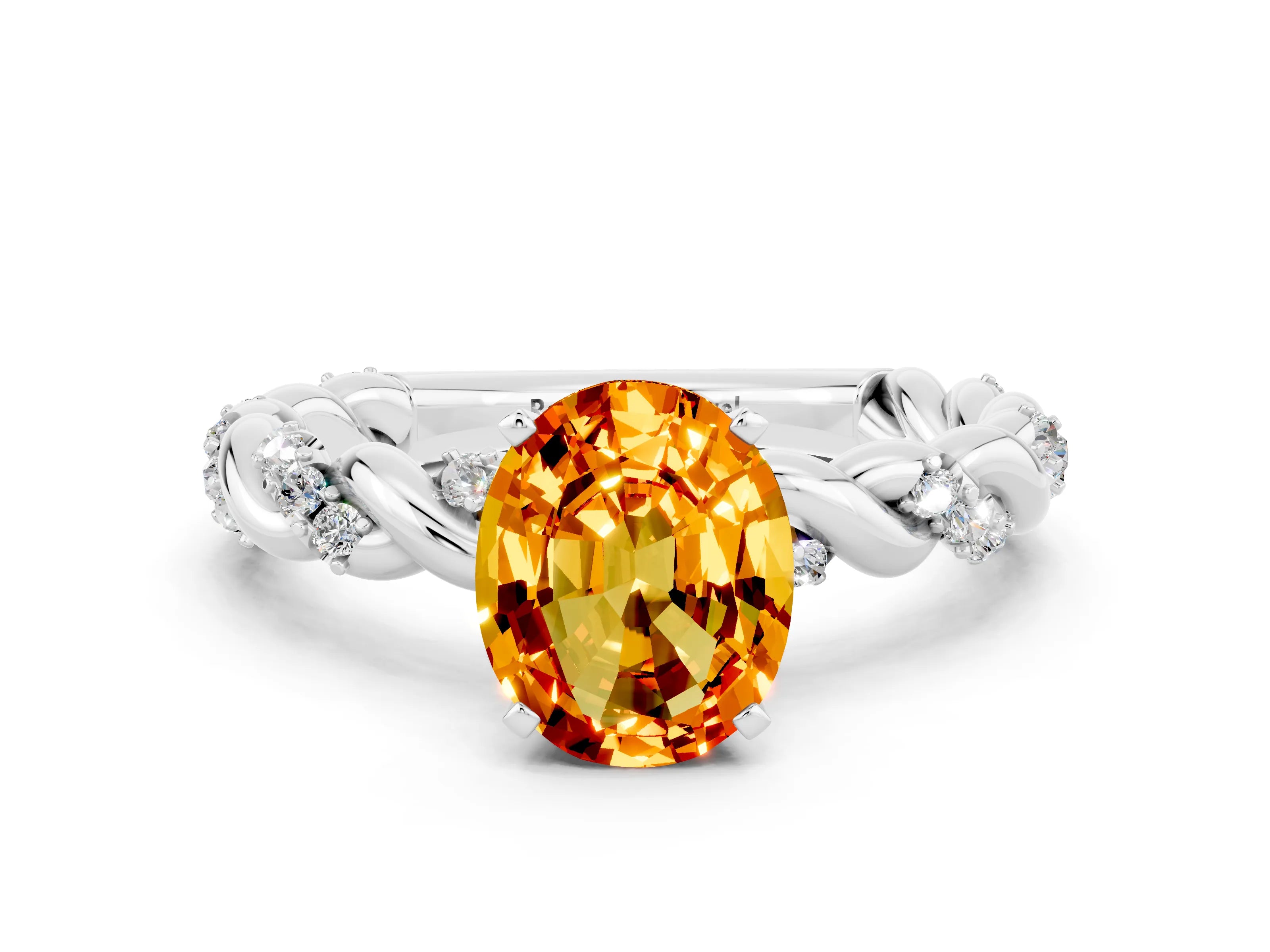 White gold Oval Cut Citrine Solitaire Ring with Twisted Band and Pavé Accents