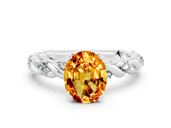 Silver Oval Cut Citrine Solitaire Ring with Twisted Band and Pavé Accents