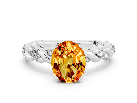 White gold Oval Cut Citrine Solitaire Ring with Twisted Band and Pavé Accents