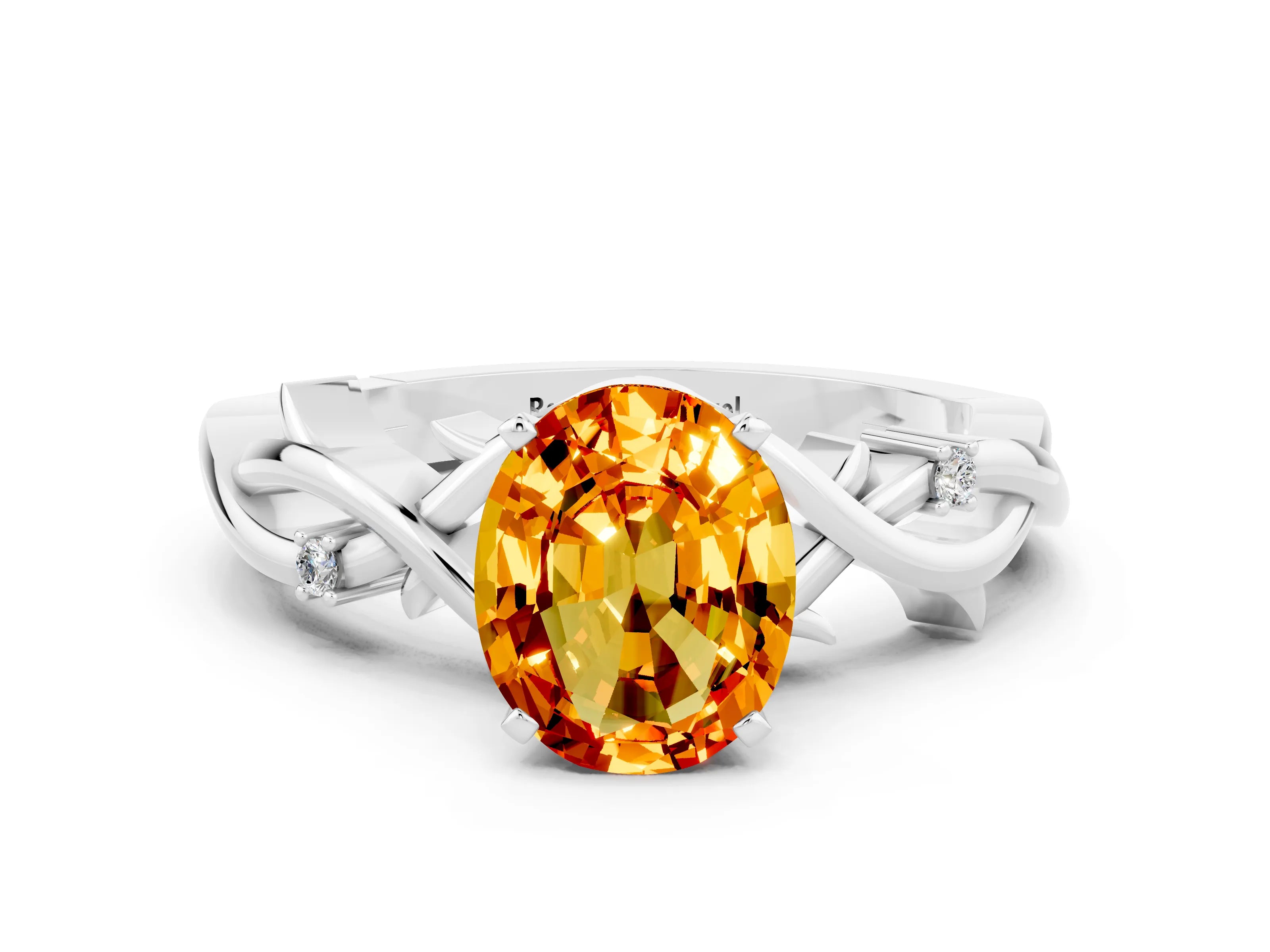 White gold Oval Cut Citrine Solitaire Ring with Twisted Band and Prong Setting