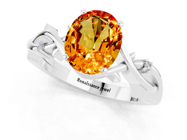 Platinum Oval Cut Citrine Solitaire Ring with Twisted Band and Prong Setting