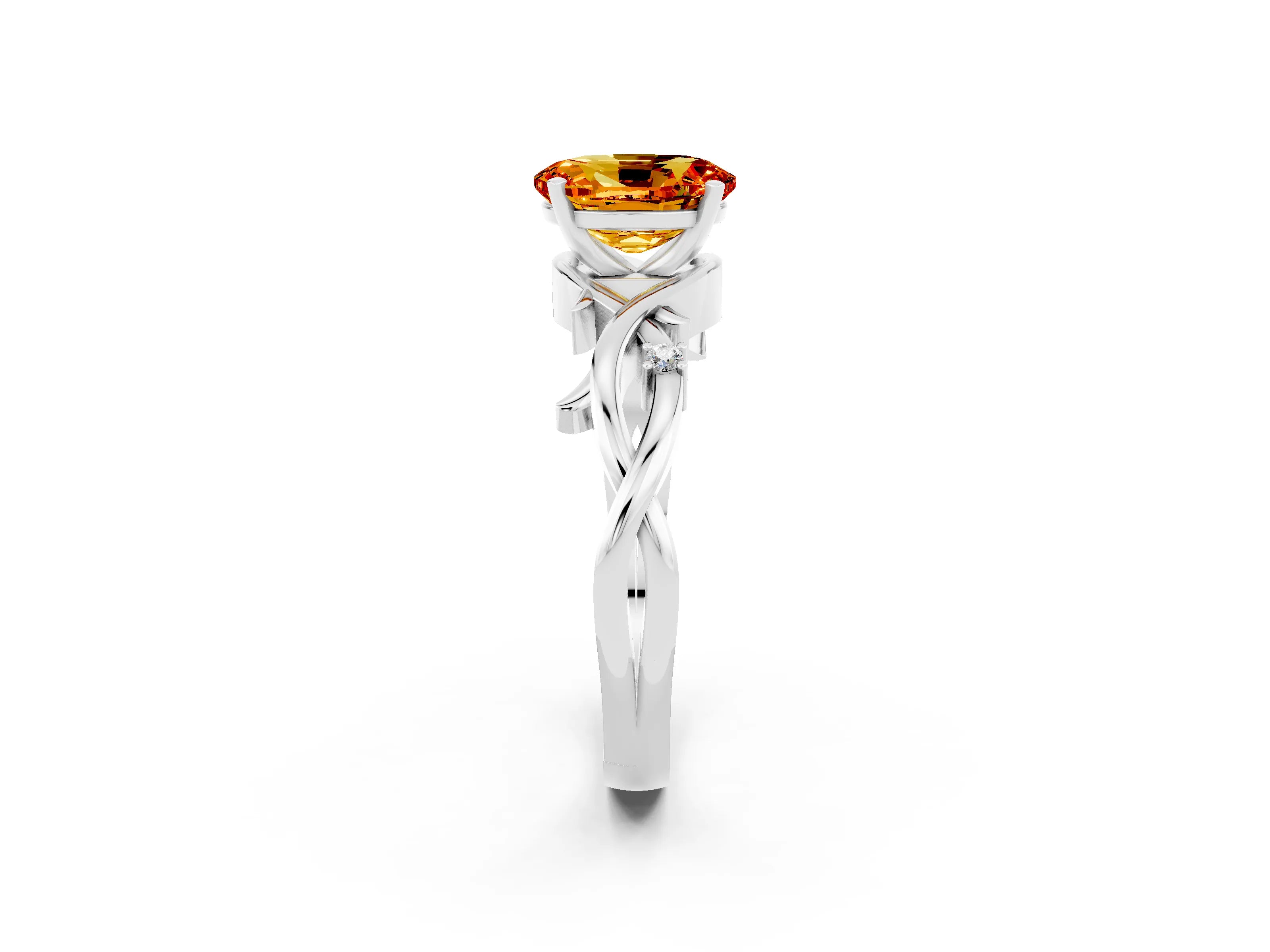 White gold Oval Cut Citrine Solitaire Ring with Twisted Band and Prong Setting_2