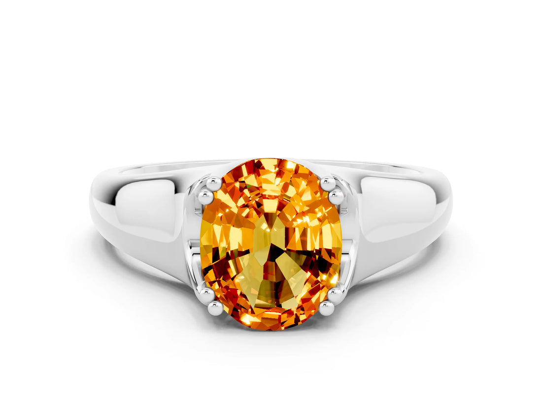 White gold Oval Cut Citrine Solitaire Ring with Wide Band and Prong Setting