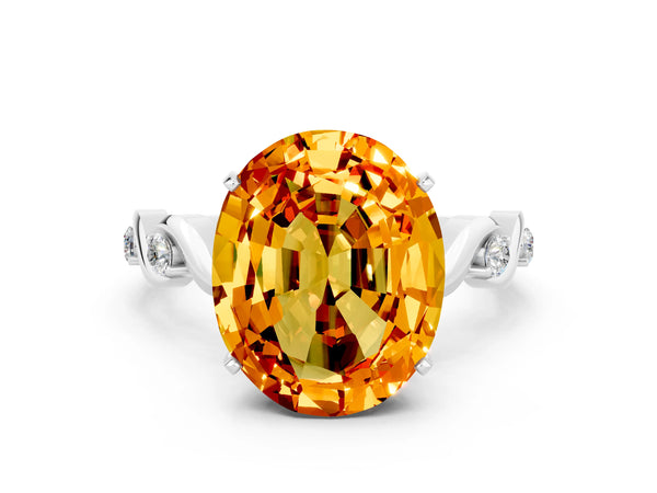 Platinum Oval Cut Citrine Solitaire Twisted Band with Round  Accents and Prong Setting