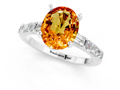 White gold Oval Cut Citrine Solitaire with Side Baguettes and Channel Set Band_1