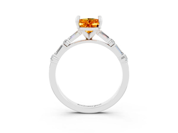 White gold Oval Cut Citrine Solitaire with Side Baguettes and Channel Set Band