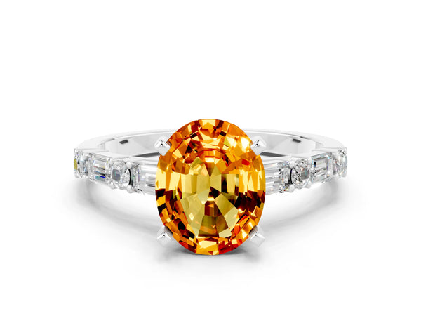 Silver Oval Cut Citrine Solitaire with Side Baguettes and Channel Set Band