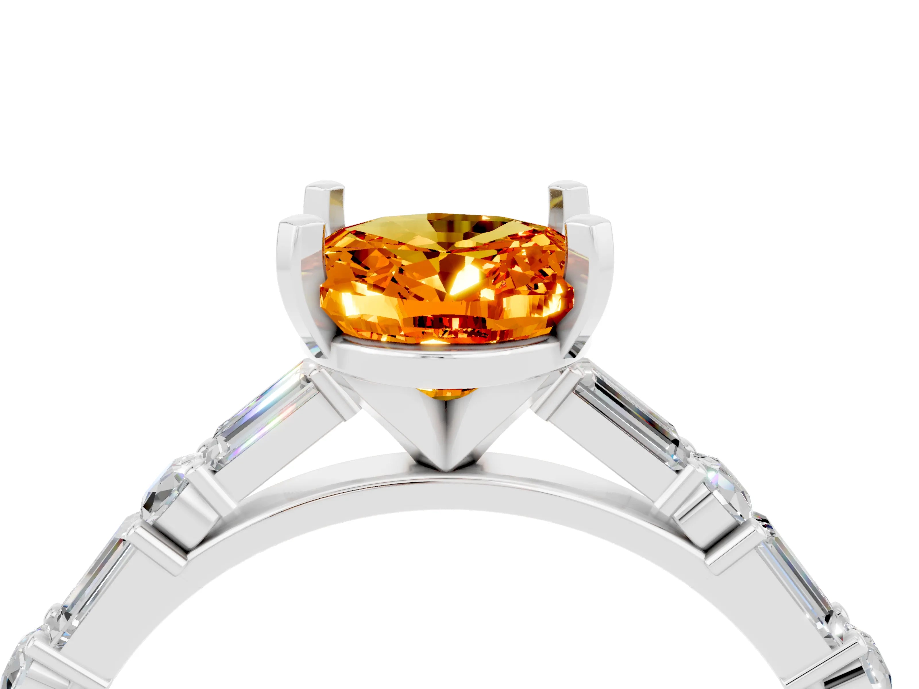 White gold Oval Cut Citrine Solitaire with Side Baguettes and Channel Set Band_4