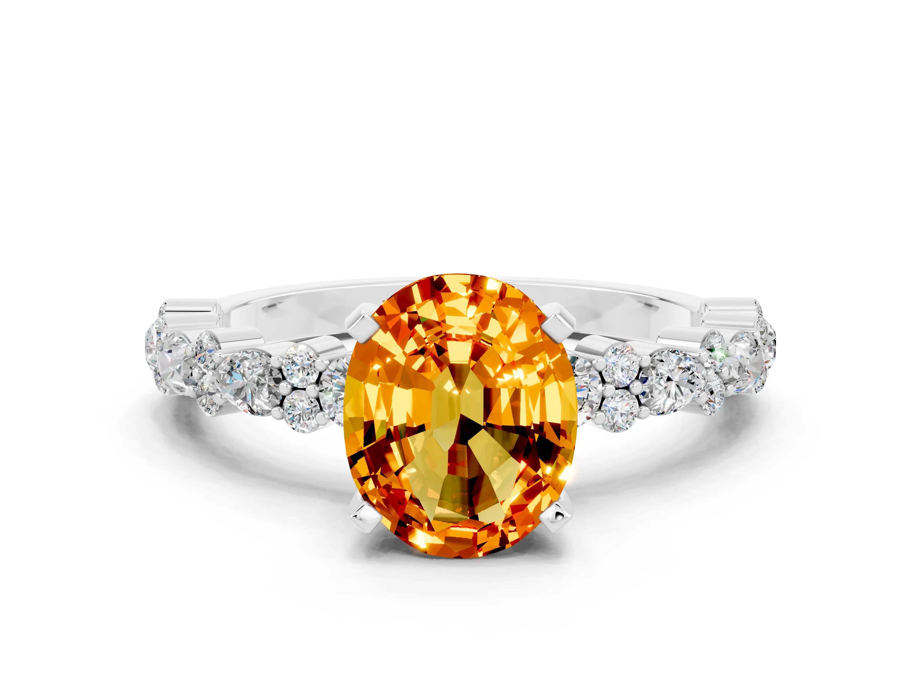 White gold Oval Cut Citrine Solitaire with Side Stones, Pave Band, Four-Prong Setting_36