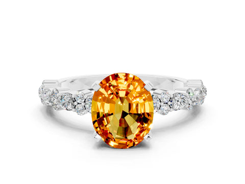 White gold Oval Cut Citrine Solitaire with Side Stones, Pave Band, Four-Prong Setting_36
