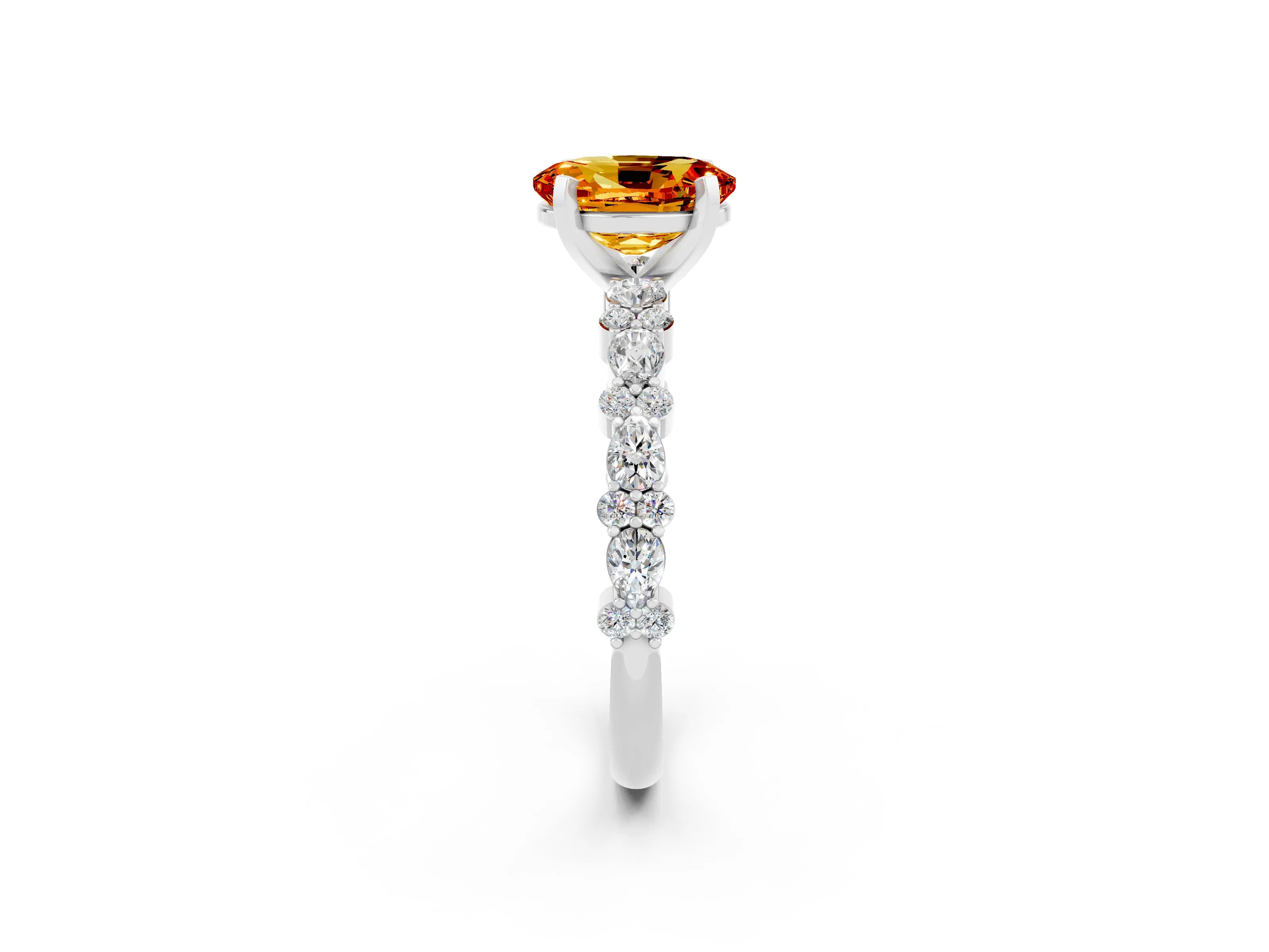 White gold Oval Cut Citrine Solitaire with Side Stones, Pave Band, Four-Prong Setting_38