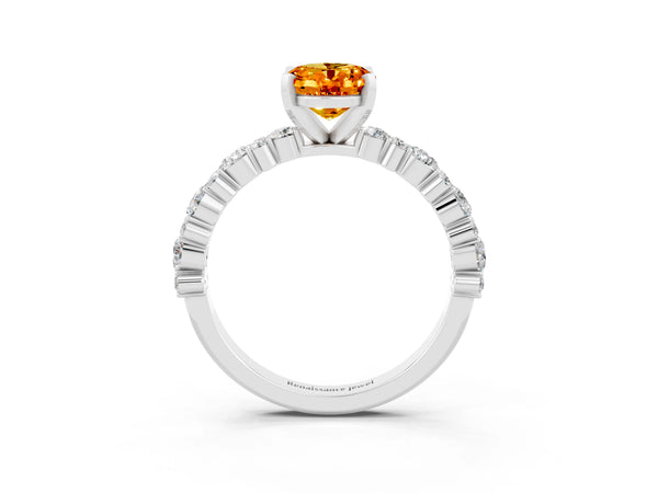 White gold Oval Cut Citrine Side Stone Solitaire Ring with Round  and Four-Prong Setting