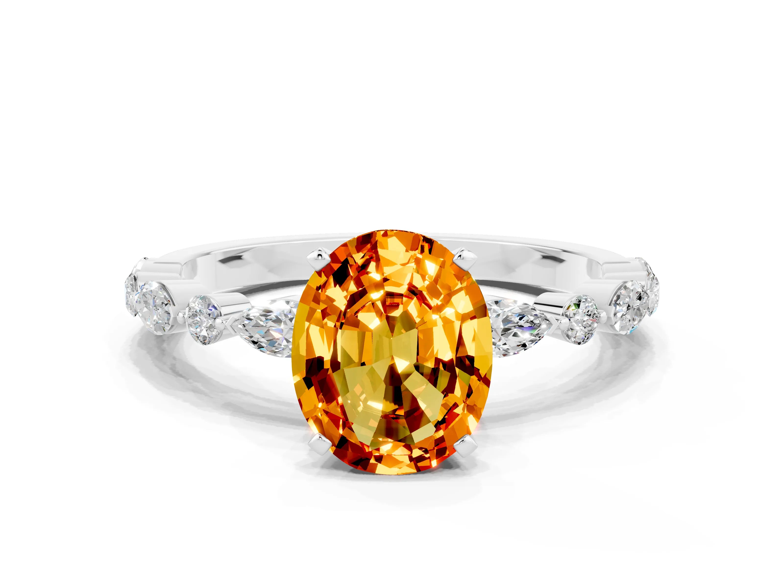 White gold Oval Cut Citrine Solitaire with Side Stones on a Pavé Band and Four-Prong Setting