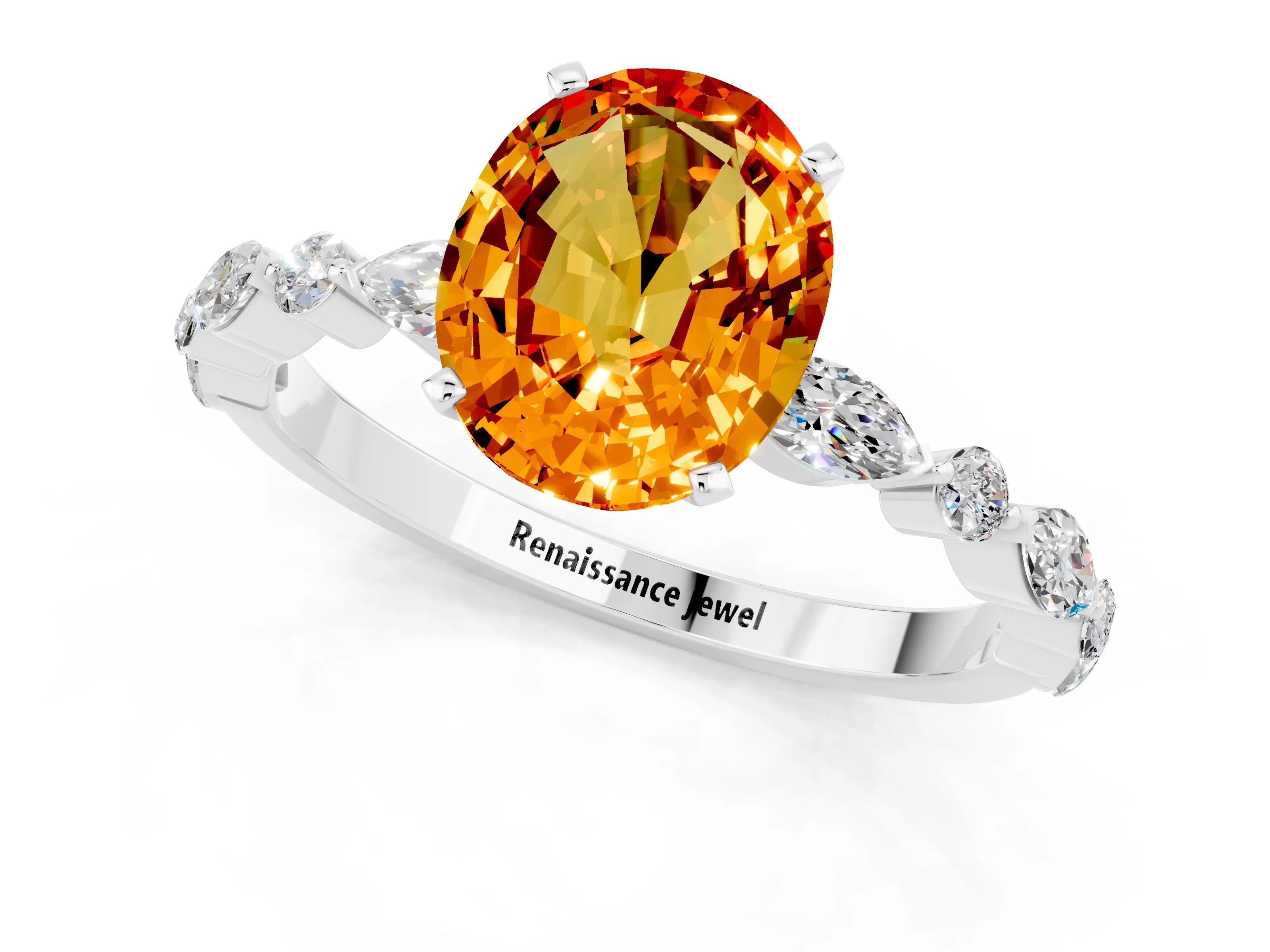 White gold Oval Cut Citrine Solitaire with Side Stones on a Pavé Band and Four-Prong Setting_1