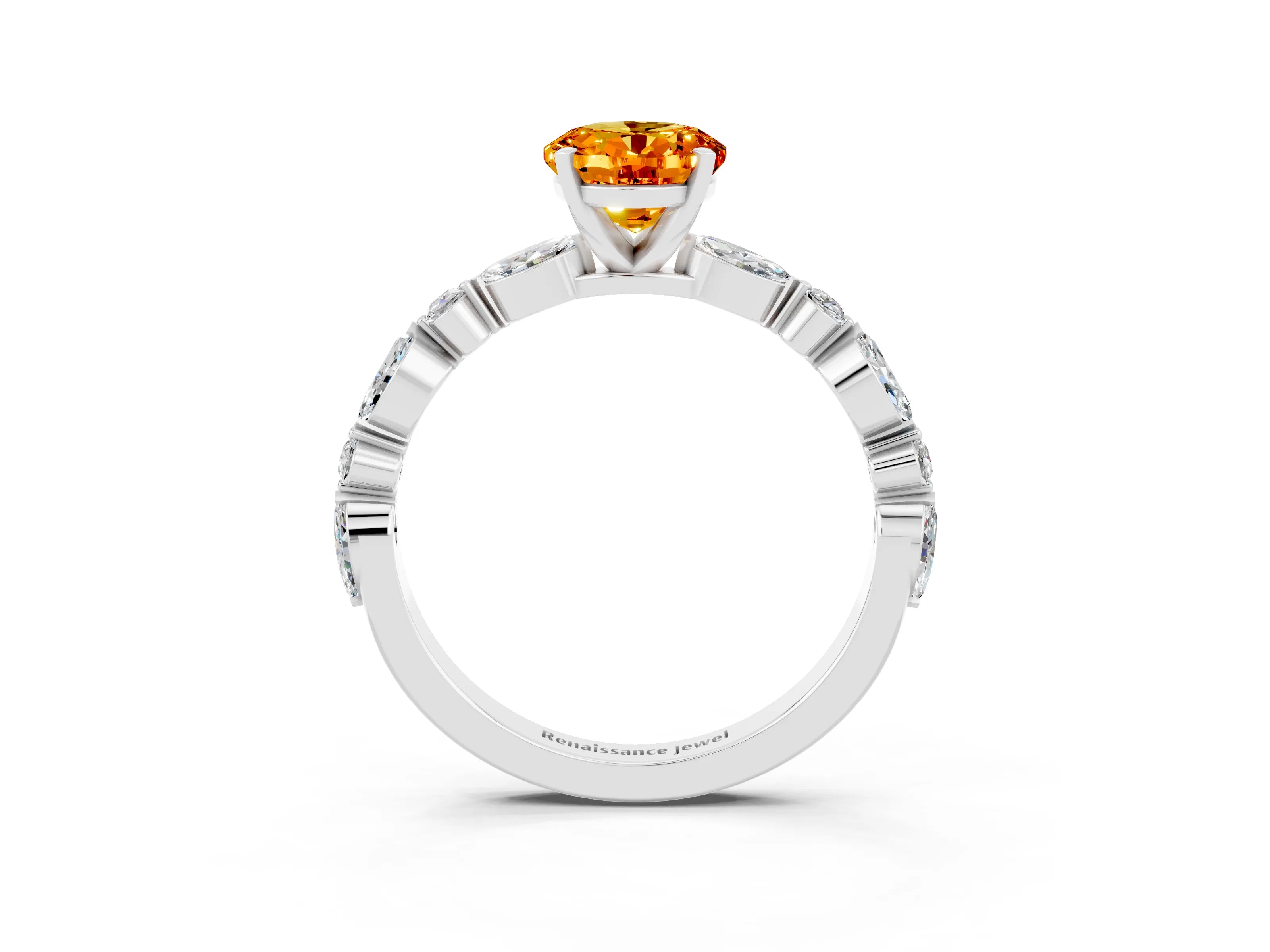 White gold Oval Cut Citrine Solitaire with Side Stones on a Pavé Band and Four-Prong Setting_3