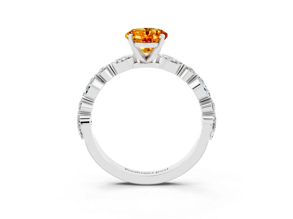White gold Oval Cut Citrine Ring with Marquise and Round  Side Stones and Four-Prong Setting