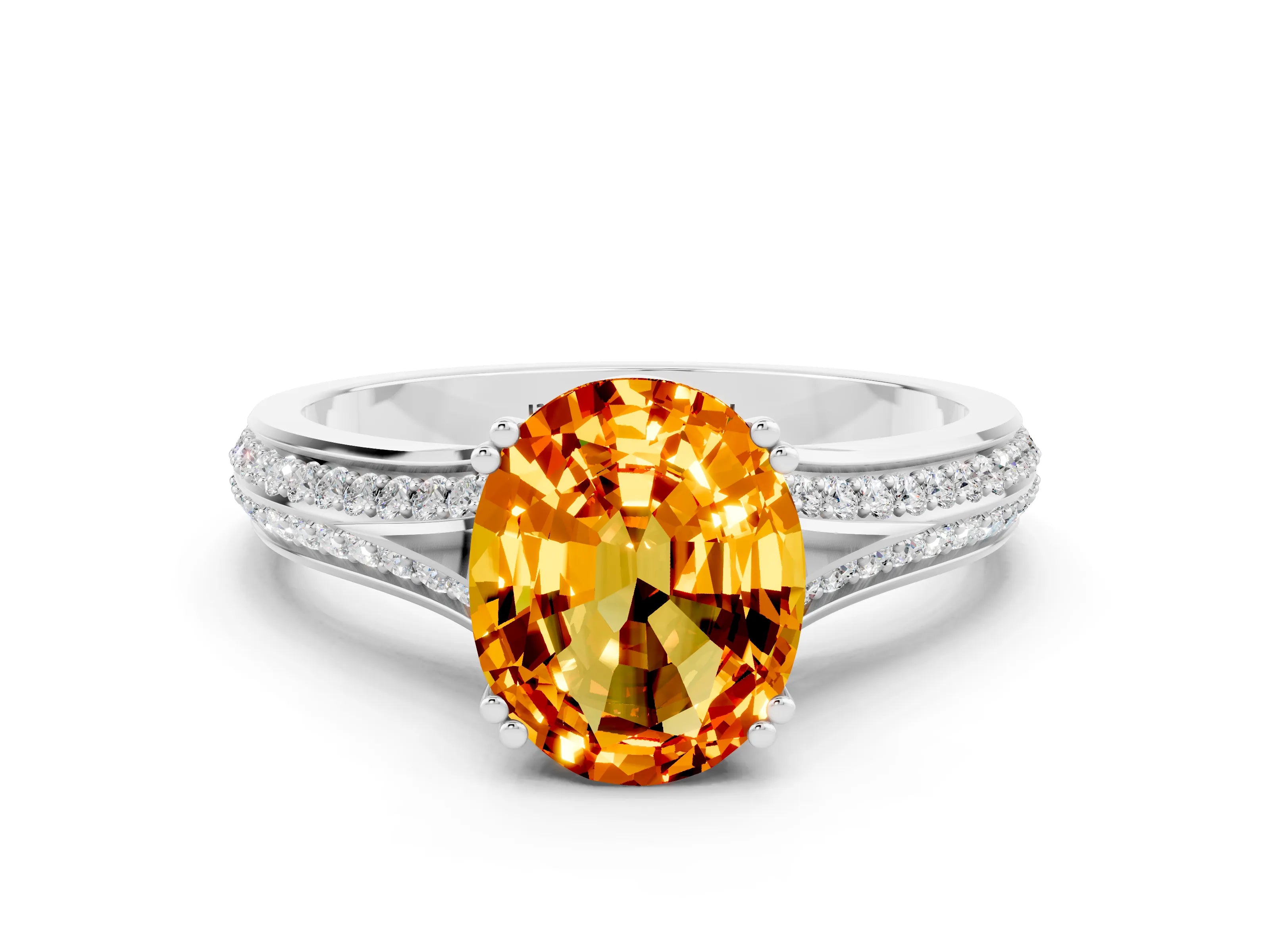 White gold Oval Cut Citrine Split Shank Engagement Ring with Pavé Band