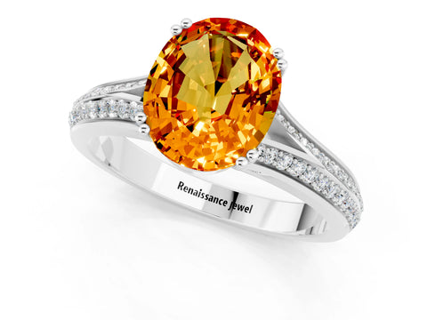 White gold Oval Cut Citrine Split Shank Engagement Ring with Pavé Band_1