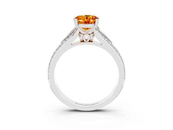 Silver Oval Cut Citrine Split Shank Engagement Ring with Pavé Band