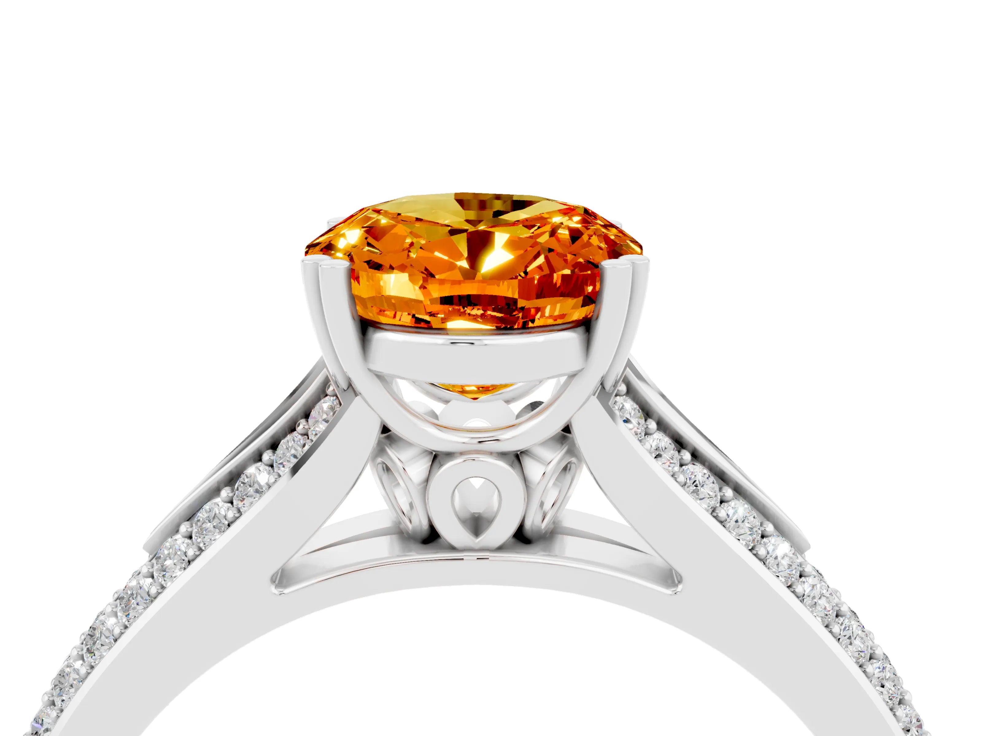 White gold Oval Cut Citrine Split Shank Engagement Ring with Pavé Band_4