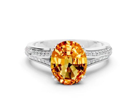 White gold Oval Cut Citrine Split Shank Engagement Ring with Pavé Band