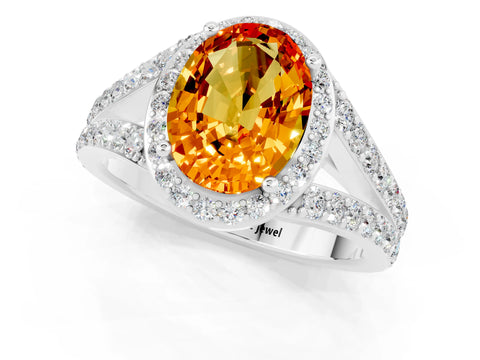 White gold Oval Cut Citrine Split Shank Halo Ring with Four-Prong Setting_13